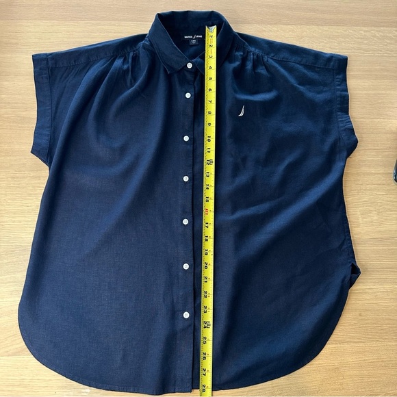 Nautica Women's Navy Linen Blend Short Sleeve Button Up Shirt Sz L - Picture 8 of 10